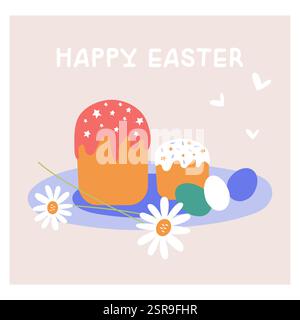 Easter vector illustration with a festive cake with icing, eggs and blooming daisies. A spring set of elements for the design of banners, postcards in honor of Easter celebrations. Stock Vector