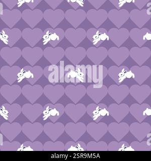 Bold hearts grid seamless pattern with tiny Easter bunny . Cute net repeating hearts and white rabbit vector illustration. Spring purple colors Stock Vector