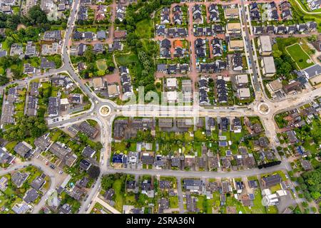 Aerial view, large construction site Hackfurthstraße and two new traffic circles, Dorfheide on the left and Kirchhellener RIng on the right, residenti Stock Photo