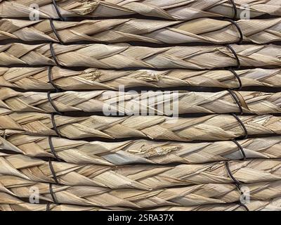 Close-Up Rustic Woven Straw Fiber Background Stock Photo