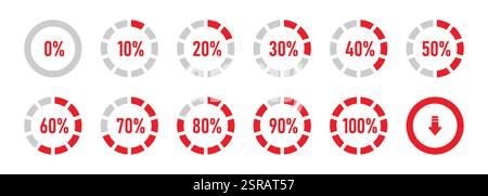 Infographic icon, loading circle and process with 0 to 100 percentage vector image illustration in red color. Stock Vector