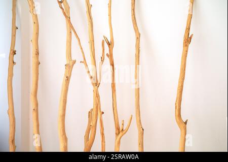 Natural background of white wall decorated with wood Stock Photo