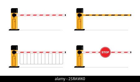 Boom barrier set for vehicle entrance with stop signboard and steel bar grills vector illustration. Road barrier for car, bike and transportation. Stock Vector