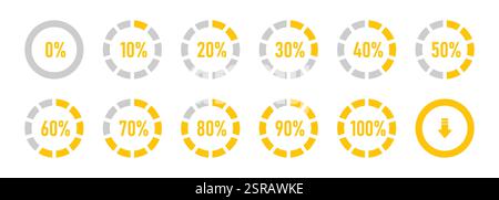 Infographic icon, loading circle and process with 0 to 100 percentage vector image illustration in yellow color. Stock Vector