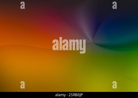 abstract background, fluid gradient layered 3d wave shape. horizontal line red, orange, dynamic 3d shape in upper right corner purple lilac, blue, gre Stock Photo