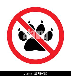 No pets and animals allowed red prohibited ban symbol footprint marks in black color. No animal sign vector set. Red prohibition sign with no pets. Stock Vector