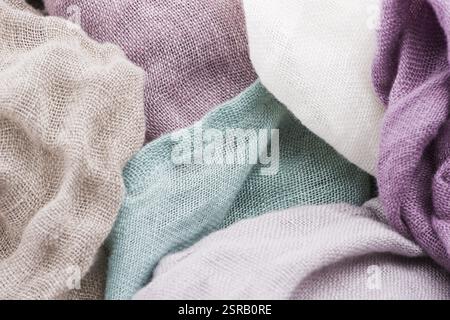 Multicolored textile with violet tones and colorful accents and rich, detailed texture, flax Stock Photo