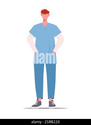 Medical staff in blue uniform isolated on white background. Cartoon male nurse. Medical and health care concept. Vector illustration Not AI generated Stock Photo
