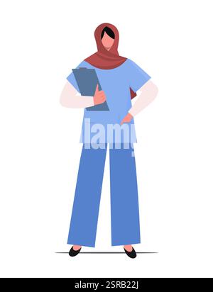 Young Muslim woman in hijab and medical uniform on white background. Portrait of a nurse holding a clipboard for patients stories in hands. Vector ill Stock Photo