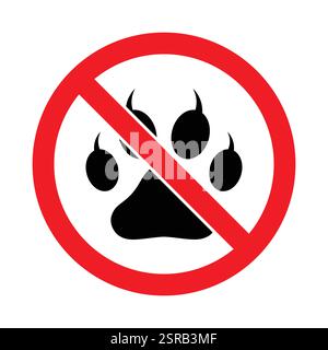 No pets and animals allowed red prohibited ban symbol footprint marks in black color. No animal sign vector set. Red prohibition sign with no pets. Stock Vector