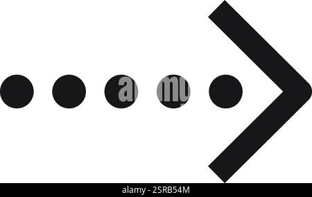 Simple black arrow pointing to the right with four black dots preceding it, representing loading or progress, on a white background, ideal for user interface and user experience design Stock Vector