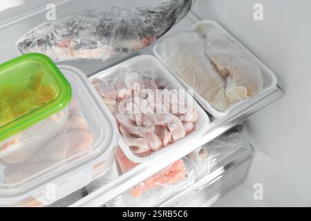 Different frozen meat and fish products in fridge Stock Photo