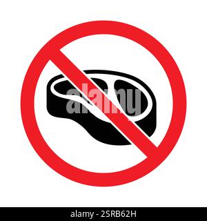 Non Vegetarian prohibited ban red icon with no meat eating forbidden symbol. No meat sign symbol icon, vegetarian, beef fresh meat prohibited sign. Stock Vector