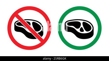 No meat allowed and meat allowed icon prohibited ban signboard symbol in red and green color vector illustration. Stock Vector