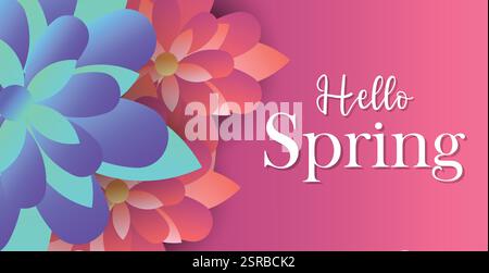 Hello spring web banner greeting card. Spring season background with colorful flowers and trendy design. Spring text for holiday season celebration Stock Vector