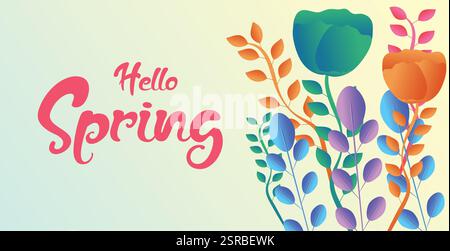 Hello spring web banner greeting card. Spring season background with colorful flowers and trendy design. Spring text for holiday season celebration Stock Vector