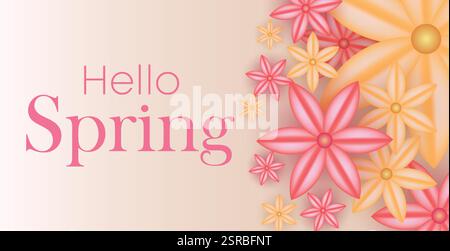 Hello spring web banner greeting card. Spring season background with colorful flowers and trendy design. Spring text for holiday season celebration Stock Vector