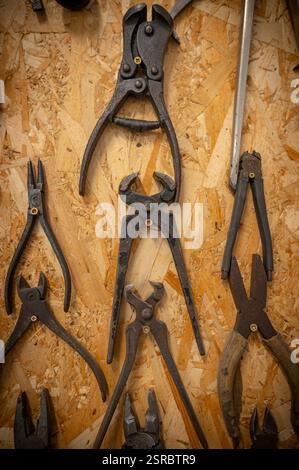 Panel with vintage tools hammers, pliers, saws arranged on a plywood board. Stock Photo