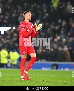 Brighton and Hove Albion goalkeeper Bart Verbruggen (left) and Joao ...