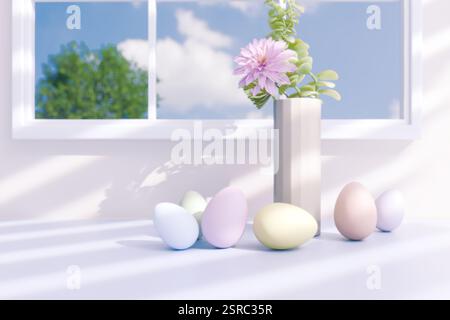 Easter celebration with pastel eggs and a flower vase in a bright room by the window. 3d rendering Stock Photo