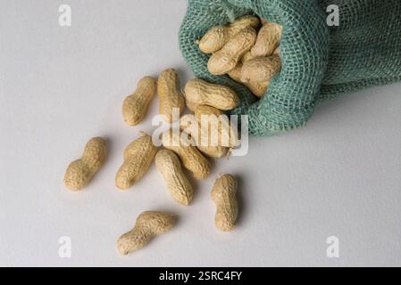 Peanuts in jute sack spread on white background Stock Photo