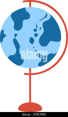 Terrestrial globe showing stylized continents and oceans rotating on a red stand, representing global awareness, geography education, and international exploration Stock Vector