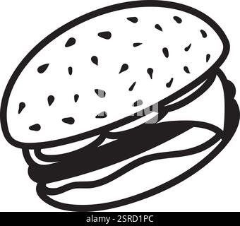 Black and white illustration depicting a hamburger featuring a sesame seed bun, juicy patty, melted cheese, and fresh vegetables, all set against a clean white background Stock Vector