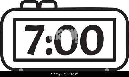 Simple black and white digital alarm clock showing seven o clock, ideal for concepts related to sleep, wake up, morning routine, punctuality, or starting the day Stock Vector