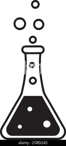 Simple black and white illustration of a conical flask with boiling liquid bubbling and releasing gas, ideal for educational or scientific projects Stock Vector