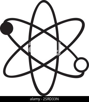 Atom revolving around nucleus with electrons orbiting in simple black and white science symbol representing physics, chemistry, and scientific research Stock Vector