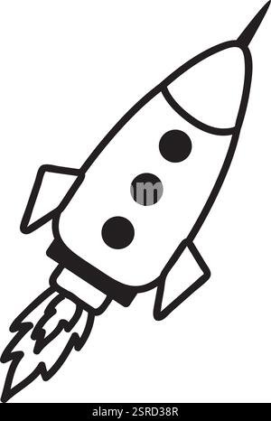 Hand drawn spaceship soaring through space, leaving a fiery trail behind. Simple black and white illustration designed for kids, featuring an isolated vector graphic of a rocket Stock Vector