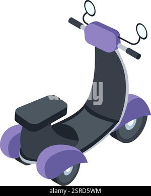Modern three wheeled electric scooter standing still, isometric view isolated on white background representing sustainable urban mobility and innovative personal transportation solutions Stock Vector