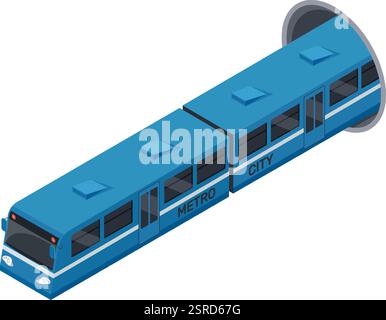Modern blue subway train exiting tunnel isometric icon represents urban transportation and commuting in metropolitan areas, connecting city districts efficiently Stock Vector