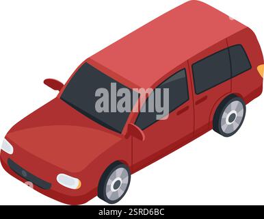 Red family car parked on a clean white background, presented in an isometric view, perfect for projects related to transportation, travel, and automotive themes Stock Vector