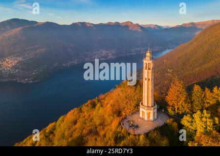 Aerial view of the Faro Voltiano (Volta Lighthouse) of Brunate on Lake Como in autumn. Brunate, Province of Como, Lombardy, Italy, Europe. Stock Photo