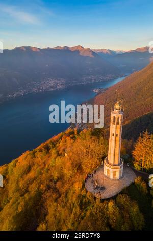 Aerial view of the Faro Voltiano (Volta Lighthouse) of Brunate on Lake Como in autumn. Brunate, Province of Como, Lombardy, Italy, Europe. Stock Photo