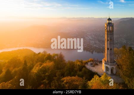 Aerial view of the Faro Voltiano (Volta Lighthouse) of Brunate on Lake Como in autumn. Brunate, Province of Como, Lombardy, Italy, Europe. Stock Photo