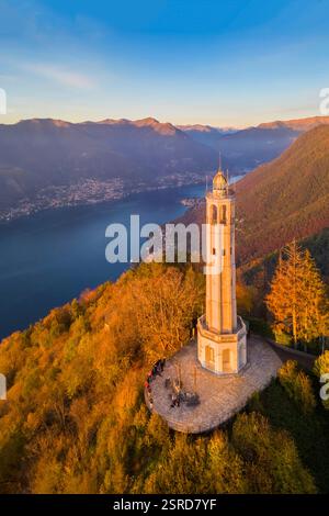 Aerial view of the Faro Voltiano (Volta Lighthouse) of Brunate on Lake Como in autumn. Brunate, Province of Como, Lombardy, Italy, Europe. Stock Photo