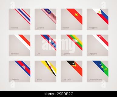 Corner slanted ribbon flags of Thailand, Malaysia ,Philippines, Indonesia, Brunei, Cambodia, Laos, Myanmar, Singapore, Vietnam, East Timor and Christm Stock Vector