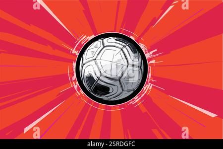 Dynamic one-point perspective graphic black and white soccer ball with bold red and orange action lines, creating a vortex high-energy motion. Stock Vector