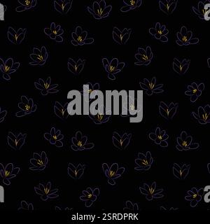 Crocus Flower hand drawn minimalistic seamless pattern print design floral black background Stock Vector