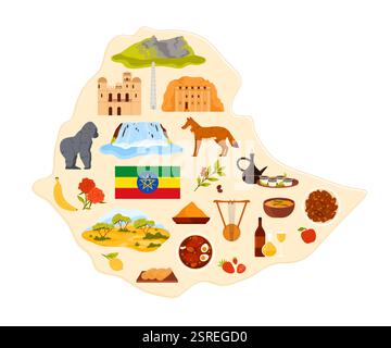 Travel to Ethiopia set, stickers of food and culture, nature savannah and mountain landscape on infographic country map with flag. Famous tourist attractions, coffee and animals vector illustration Stock Vector