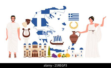 Celebrating Greek culture, history, and traditions. Features Greek flag, map, ancient attire, landmarks, pottery, olives and classical symbols vector illustration. Stock Vector