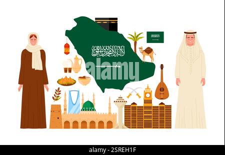Travel to Saudi Arabia infographic poster collage with Arab culture elements, Saudi man and woman in traditional dresses, old landmarks and food, buildings of cityscape cartoon vector illustration Stock Vector