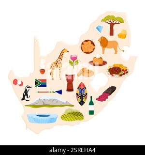 Travel to South Africa set, African culture and landmarks, food and wine on infographic country map. Tropical fauna and flora, protea flower and gold nugget, giraffe, lion cartoon vector illustration Stock Vector