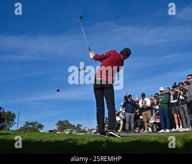 Patrick Rodgers hits from the rough on the 17th hole of the South
