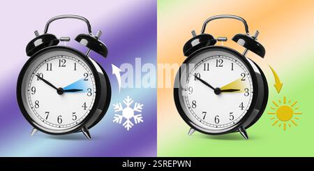 Daylight saving time. Black alarm clocks on color background, collage. Highlighted areas and arrows showing time change by one hour forward and back Stock Photo