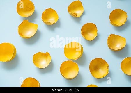 Cracked Yellow Easter Eggshells on Blue Background. Spring Symbolism, Fragile Beauty. Stock Photo