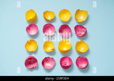 Yellow and Pink Cracked Easter Eggshells Arranged in a Rows on Light Blue Background. Stock Photo