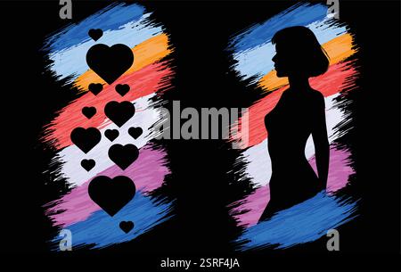 vibrant grunge-style composition featuring colorful paint marks, a silhouette of a woman, and love hearts, romantic symbolism. Stock Vector